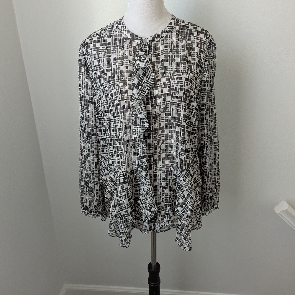 Chico's Black and White Button Down Blouse, 2 (Large, 12)